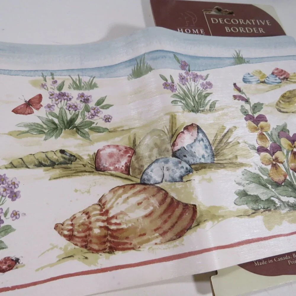 Seashells (Warm Colors) with pansies at the beach Wallpaper border (3) Rolls